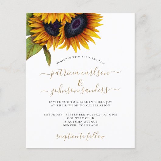 Zonnebloemrijke elegante BUDGET trouwuitnodiging (Voorkant)