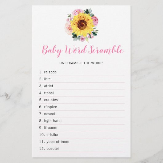 Zonnebloemroze Baby shower Word Game (Voorkant)