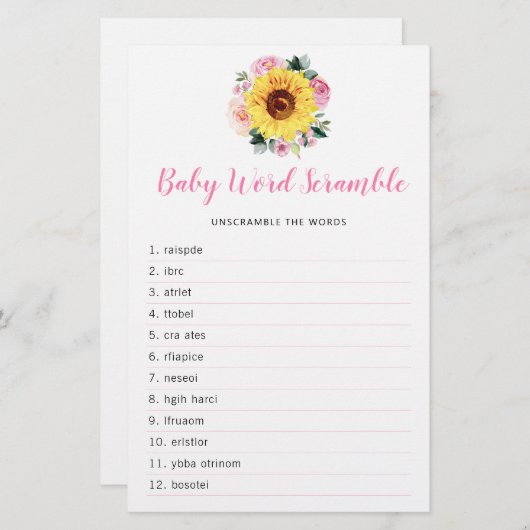 Zonnebloemroze Baby shower Word Game (Voorkant / Achterkant)