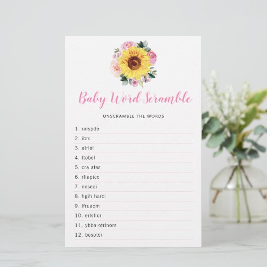 Zonnebloemroze Baby shower Word Game (Staand voorkant)