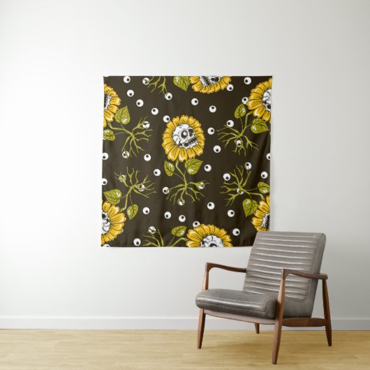 Zonnebloemschedels: Uniek naadloos patroon. Wandkleed (In situ)