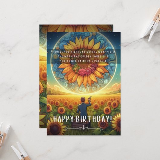 Zonnebloemschilder Verjaardag Platte Kaart (Voorkant / Achterkant in situ)