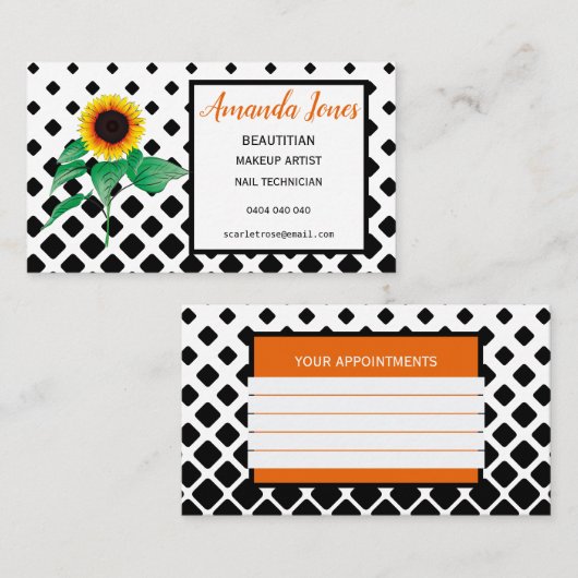 Zonnebloemschoonheidsspecialist Benoeming Visiteka Afsprakenkaartje (Voorkant / Achterkant)