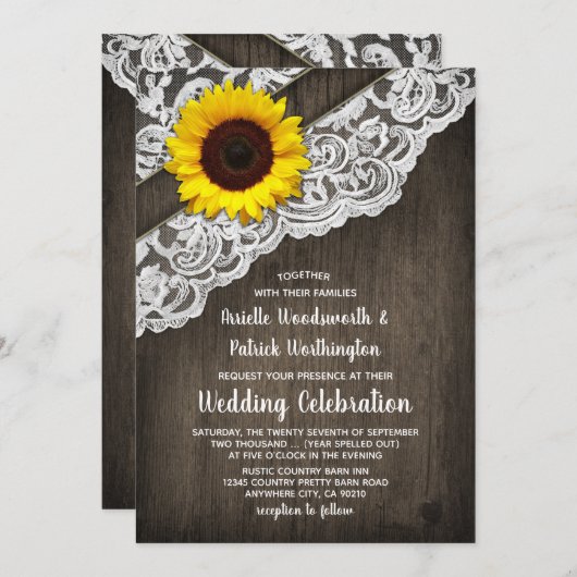 Zonnebloemschuur Hout en Kant Bruiloft Uitnodiging (Voorkant / Achterkant)