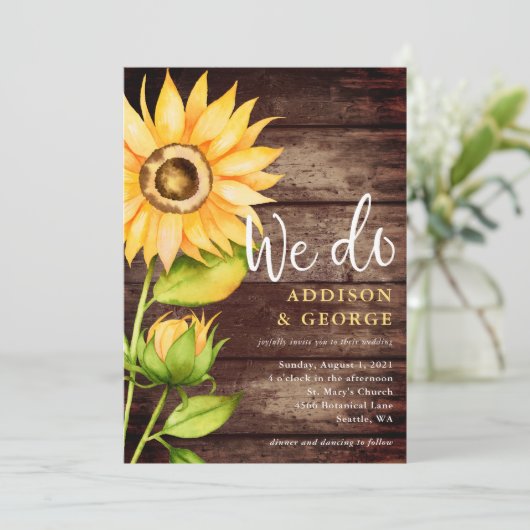 Zonnebloemschuur Hout We Doen Bruiloft Kaart (Staand voorkant)