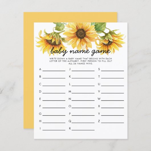 Zonnebloemthema Baby Naam Shower Game (Voorkant / Achterkant)