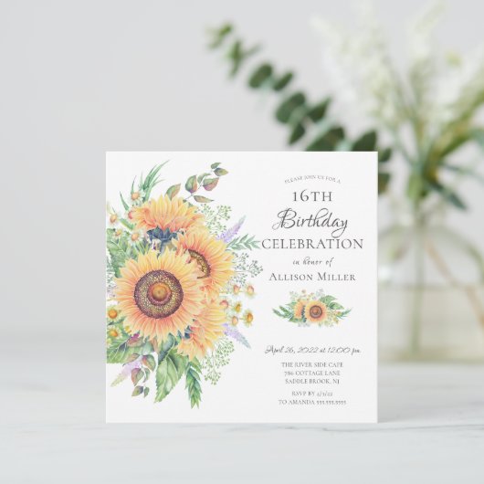 Zonnebloemtuin 16e verjaardag uitnodiging (Staand voorkant)