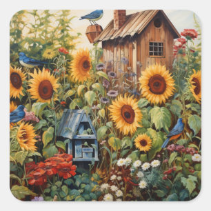 Zonnebloemtuin 3 Vogelhuisjes Blauwe Vogels Vierkante Sticker