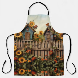 Zonnebloemtuin met vogelhuisjes schort