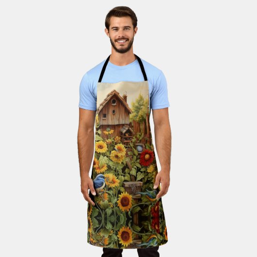 Zonnebloemtuin met vogelhuisjes schort (Gedragen)