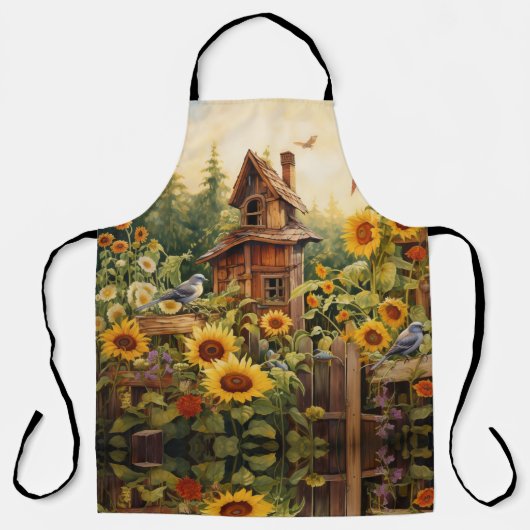 Zonnebloemtuin met vogelhuisjes schort (Voorkant)