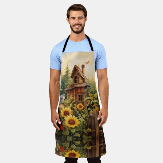Zonnebloemtuin met vogelhuisjes schort (Gedragen)