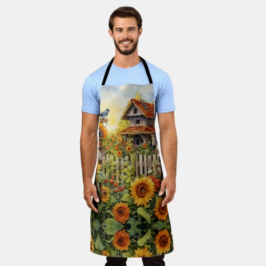 Zonnebloemtuin met vogelhuisjes schort (Gedragen)