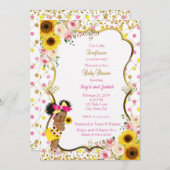 Zonnebloemuitnodiging, roze en geel baby shower kaart (Voorkant / Achterkant)