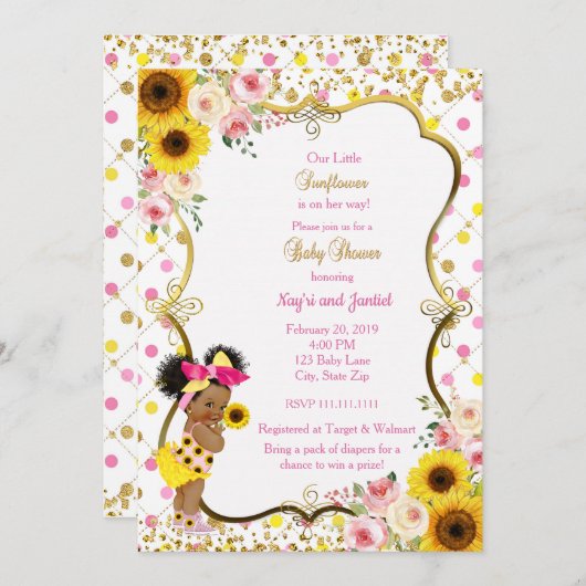 Zonnebloemuitnodiging, roze en geel baby shower kaart (Voorkant / Achterkant)