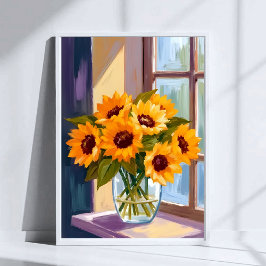 Zonnebloemvaas | Bloemboeket geel waterverf Poster