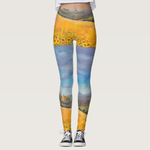 Zonnebloemveld en blauwe paarse lucht overal print leggings
