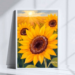 Zonnebloemveld   Geel bloemschilderwerk in waterve Poster
