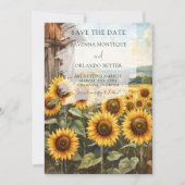 Zonnebloemveld Houten Huis Herfst Bruiloft Save The Date (Voorkant)