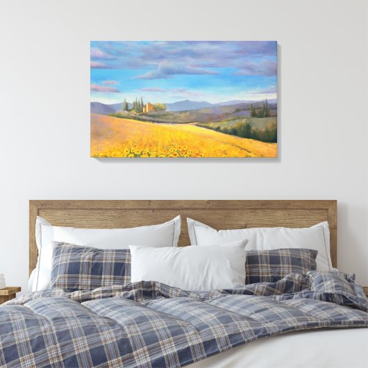 Zonnebloemveld in Toscane-oliehoudende verf Canvas Afdruk (Insitu (Slaapkamer))
