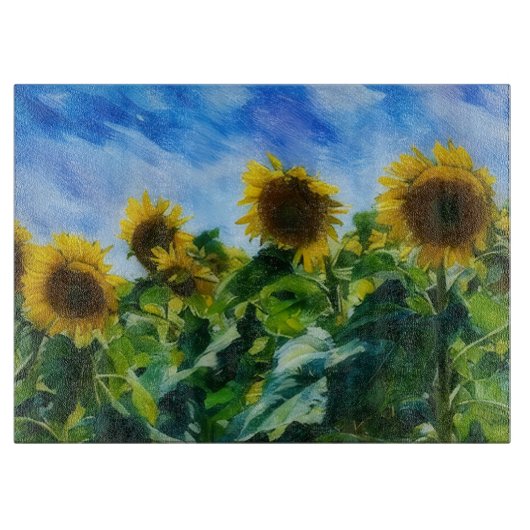 Zonnebloemveld Kunst op glazen snijplank (Voorkant)