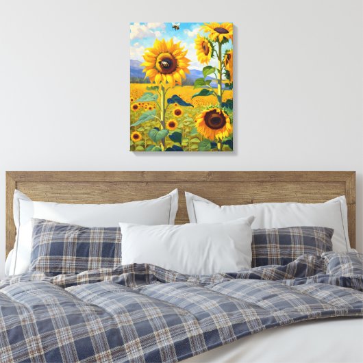 Zonnebloemveld met Bezige Bijenkunst Canvas Afdruk (Insitu (Slaapkamer))