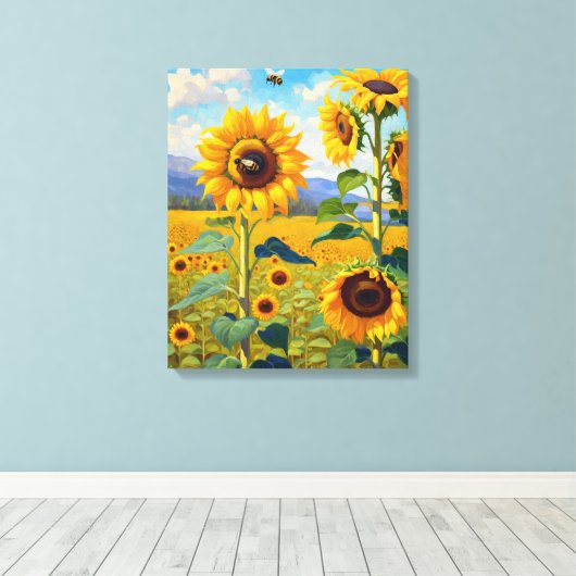 Zonnebloemveld met Bezige Bijenkunst Canvas Afdruk (Insitu (Houten vloer))