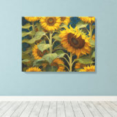 Zonnebloemveld met blauwe achtergrond schilderij canvas afdruk (Insitu (Houten vloer))
