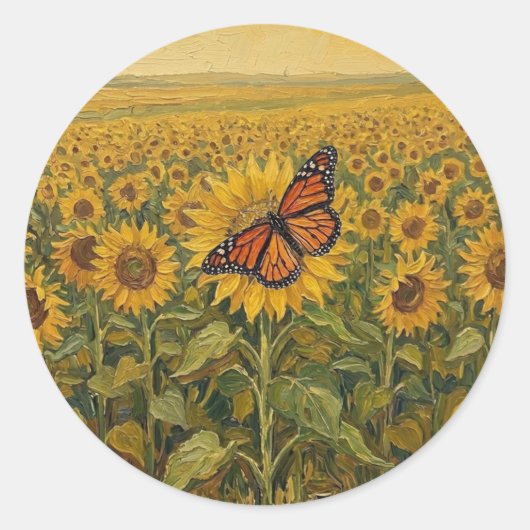 Zonnebloemveld met monarchvlinder ronde sticker (Voorkant)