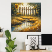 Zonnebloemveld met roestige omheining poster (Thuiskantoor)