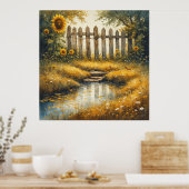 Zonnebloemveld met roestige omheining poster (Keuken)