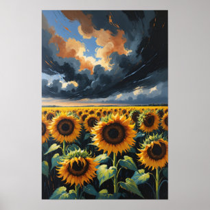 Zonnebloemveld onder dramatisch luchtlandschap sch poster