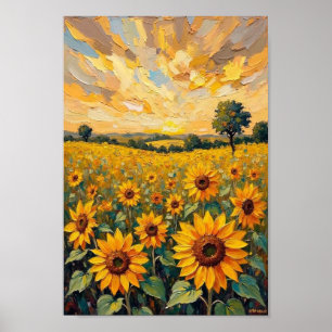 Zonnebloemveld Platteland Kunst in Vintage Stijl Poster