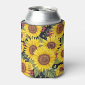 Zonnebloemveld: waterverf zwarte achtergrond blikjeskoeler (Blikje Voorkant)