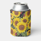 Zonnebloemveld: waterverf zwarte achtergrond blikjeskoeler (Blikje Achterkant)