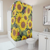 Zonnebloemveld: waterverf zwarte achtergrond douchegordijn (In situ)