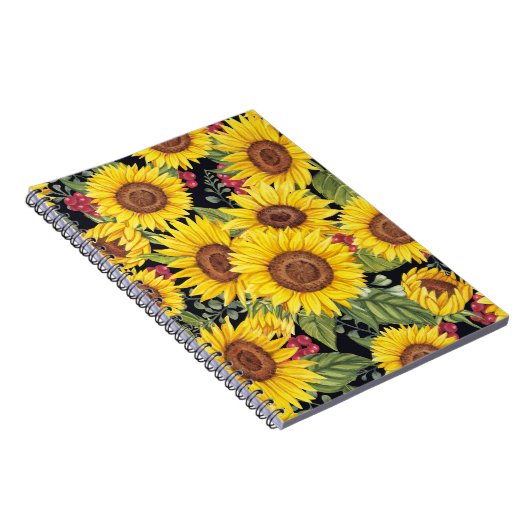 Zonnebloemveld: waterverf zwarte achtergrond notitieboek (Rechterzijde)