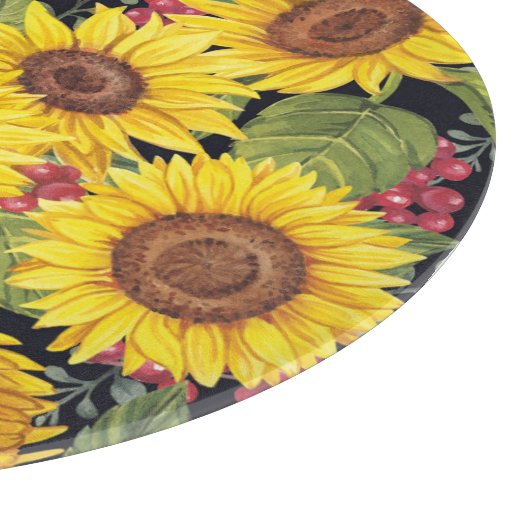 Zonnebloemveld: waterverf zwarte achtergrond snijplank (Hoek)