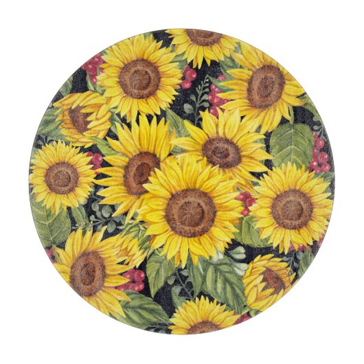 Zonnebloemveld: waterverf zwarte achtergrond snijplank (Voorkant)