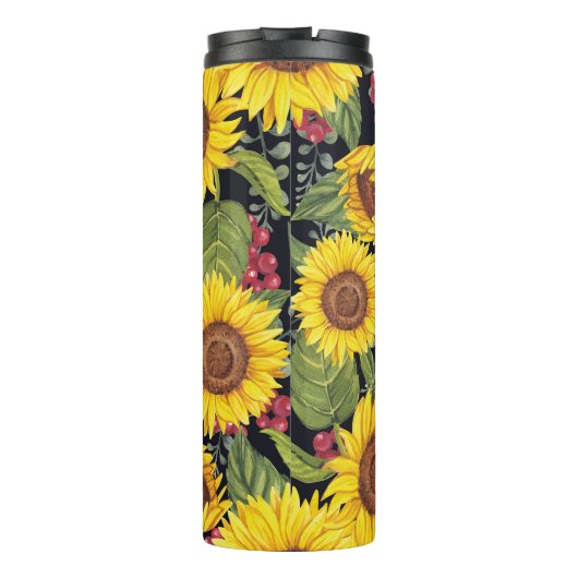 Zonnebloemveld: waterverf zwarte achtergrond thermosbeker (Achterkant)