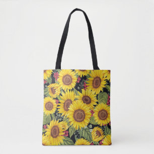 Zonnebloemveld: waterverf zwarte achtergrond tote bag