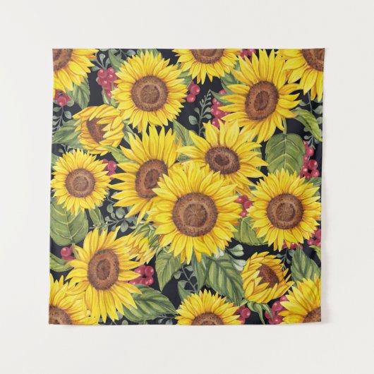 Zonnebloemveld: waterverf zwarte achtergrond wandkleed (Voorkant)