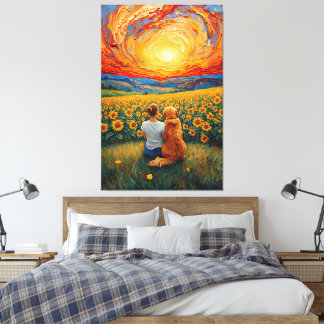 Zonnebloemveld Zonsondergang Hond en Meisje Kunst Canvas Afdruk