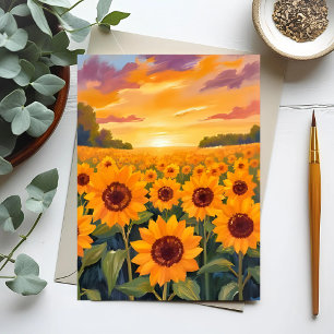 Zonnebloemveld Zonsondergang Landschap Schilderij Briefkaart
