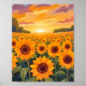 Zonnebloemveld Zonsondergang Landschap Schilderij Poster (Voorkant)