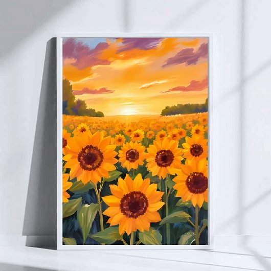 Zonnebloemveld Zonsondergang Landschap Schilderij Poster