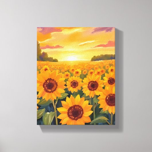 Zonnebloemveld Zonsondergang Landschapschilderij Canvas Afdruk (Voorkant)