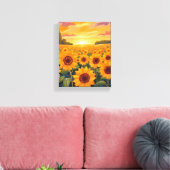 Zonnebloemveld Zonsondergang Landschapschilderij Canvas Afdruk (Insitu (Woonkamer))