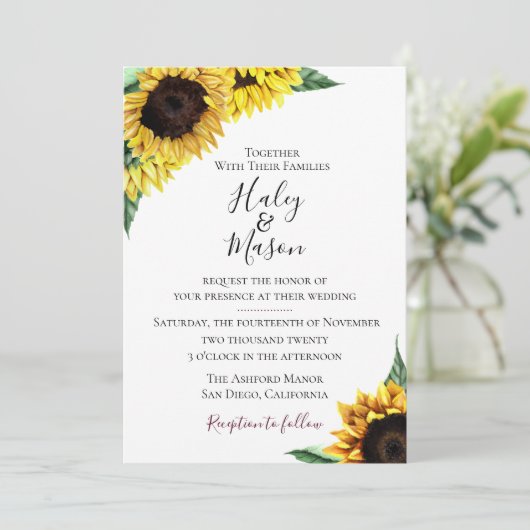 Zonnebloemvelden bruiloft uitnodiging (Staand voorkant)