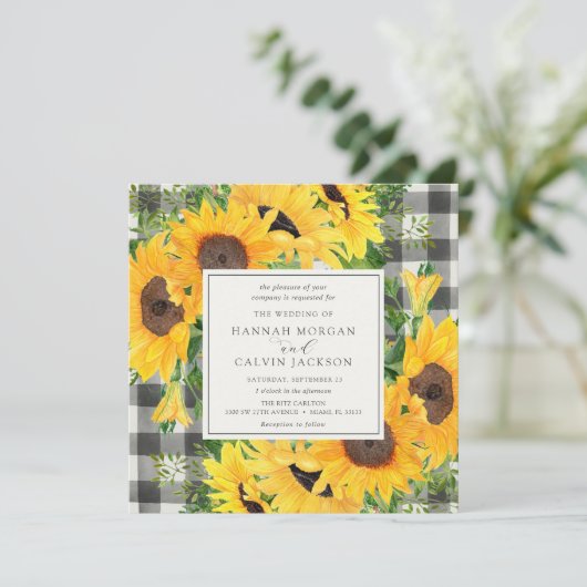 Zonnebloemvelden Buffel Plaid Bruiloft Kaart (Staand voorkant)